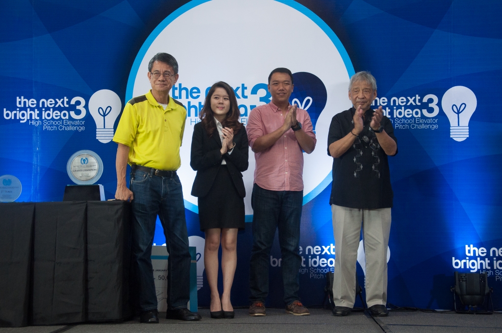 The three judges—(from left) Larry Gamboa, author of Think Rich, Pinoy!; Bea Gonzales, an Enderun Business Administration student and first runner-up of the Next Bright Idea Year 2; Patch Dulay, founder of The Spark Project, awards the winners with Enderun Colleges President Dr. Edgardo Rodriguez (right) 